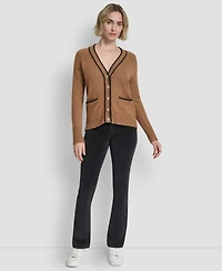 Dkny Jeans Women's Long Sleeve Tipped V-Neck Cardigan Sweater