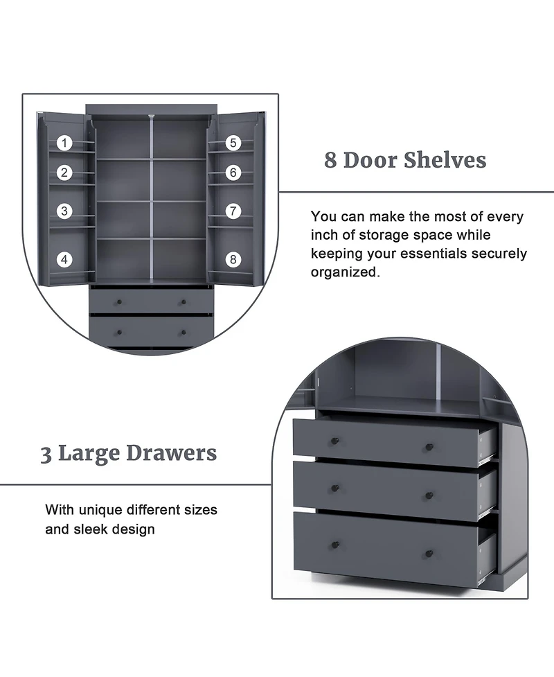 77inch Freestanding Tall Cupboard Storage Cabinet with 3 Adjustable Shelves 8 Door Shelves and 3 Drawers