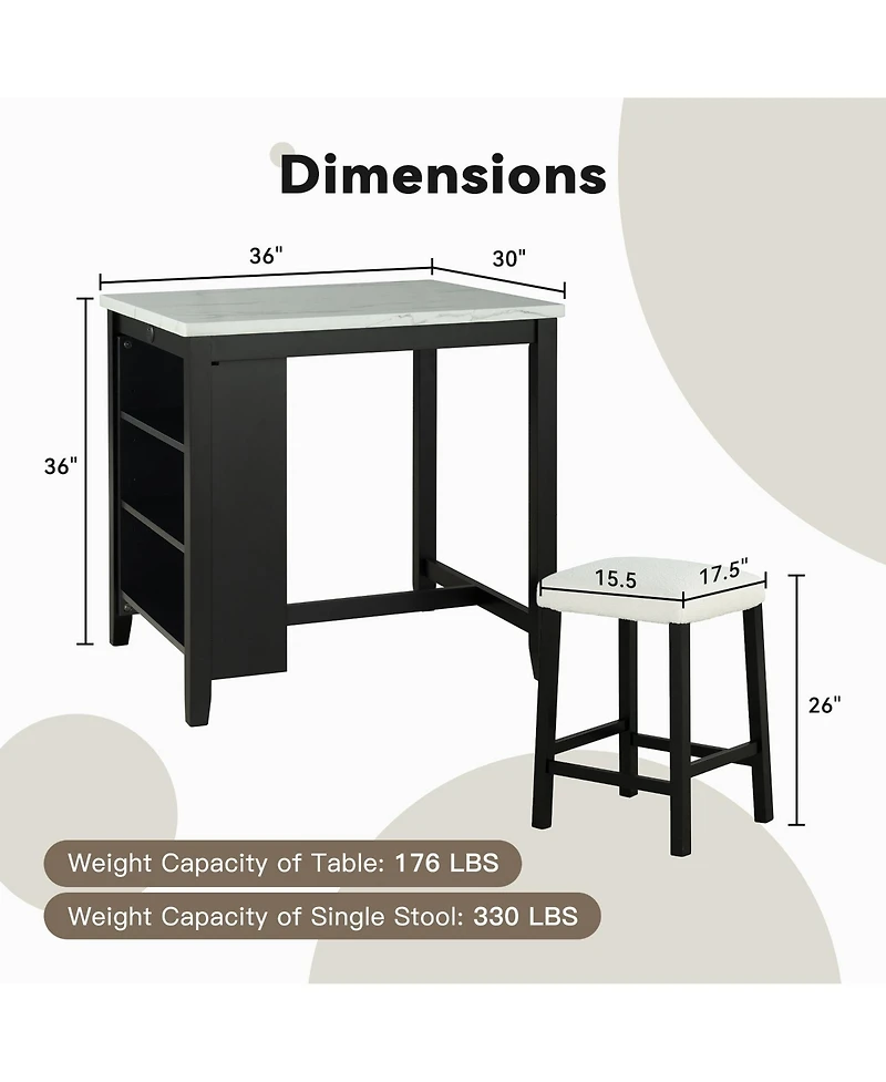 Boyel Living 3-Piece Bar Table and Chairs Set Lvory Tall Dining Table with Usb and Upholstered Bar Stool for Living Room Kitchen