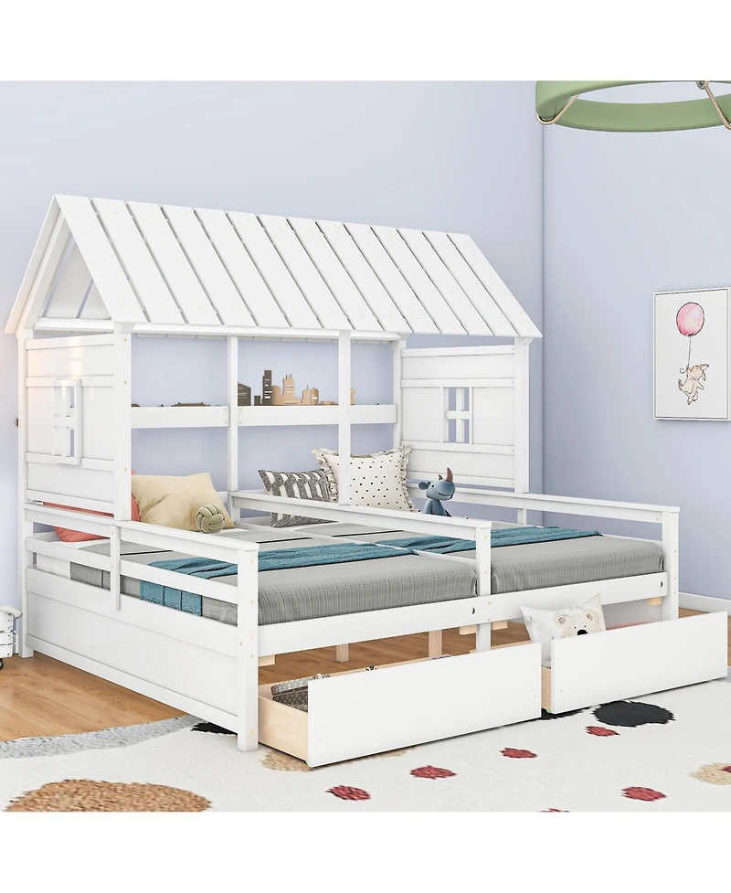 Twin House Platform Beds with Two Drawers for Boy and Girl Shared Beds, Combination of 2 Side by