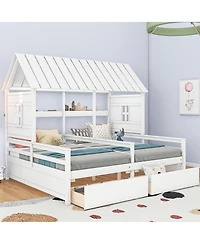 Twin House Platform Beds with Two Drawers for Boy and Girl Shared Beds, Combination of 2 Side by