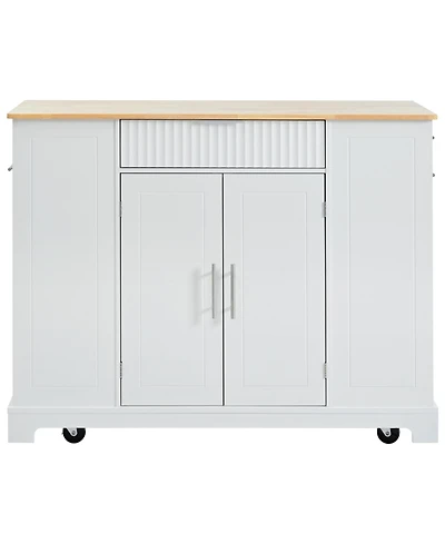 sumyeg Fluted Kitchen Island with Trash Can Cabinet, Power Outlet, 3 Drawers, Open Racks, Fits 10 Gallon Bin, Wheels