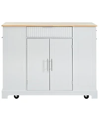 sumyeg Fluted Kitchen Island with Trash Can Cabinet, Power Outlet, 3 Drawers, Open Racks, Fits 10 Gallon Bin, Wheels