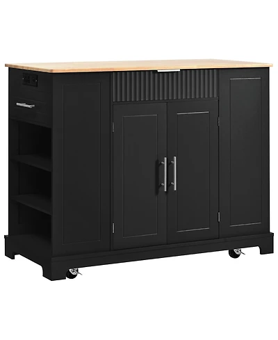 Casainc Fluted Kitchen Island with Trash Can Cabinet, Power Outlet, 3 Drawers, Open Racks, Fits 10 Gallon Bin, Wheels