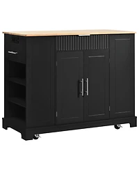 Casainc Fluted Kitchen Island with Trash Can Cabinet, Power Outlet, 3 Drawers, Open Racks, Fits 10 Gallon Bin, Wheels
