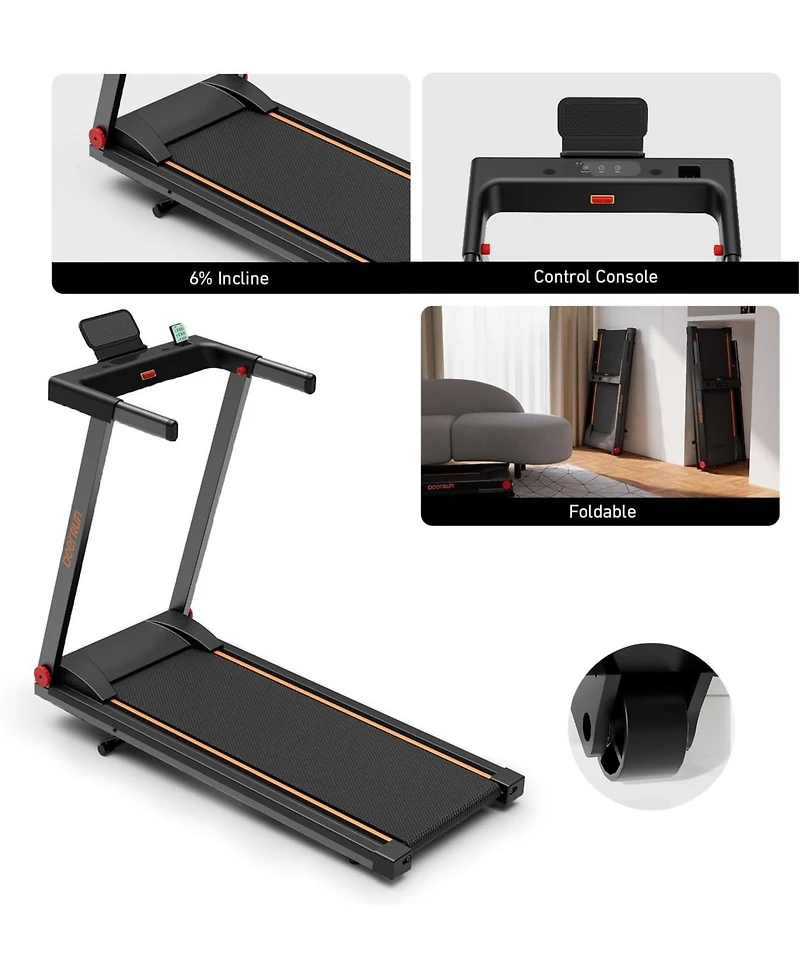 DeerRun Folding Treadmill，Powerful 3.5 Hp motor supports up to 350 lbs. With 5% incline, app control, and compact foldable design for effective