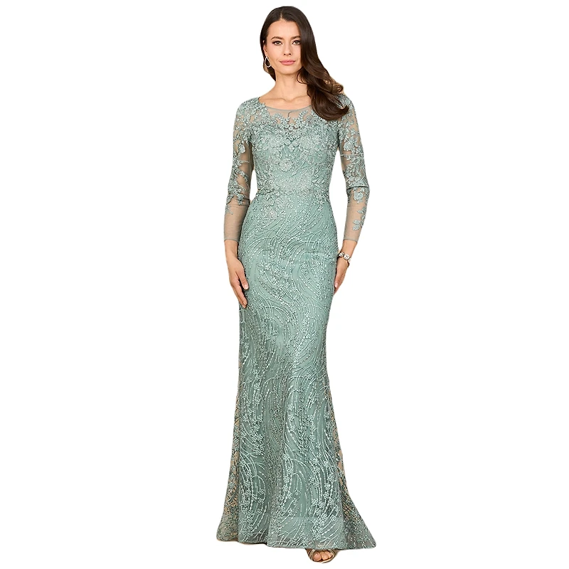 Lara Women's Long Sleeve Gown with Overskirt & Illusion Neckline