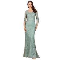 Lara Women's Long Sleeve Gown with Overskirt & Illusion Neckline