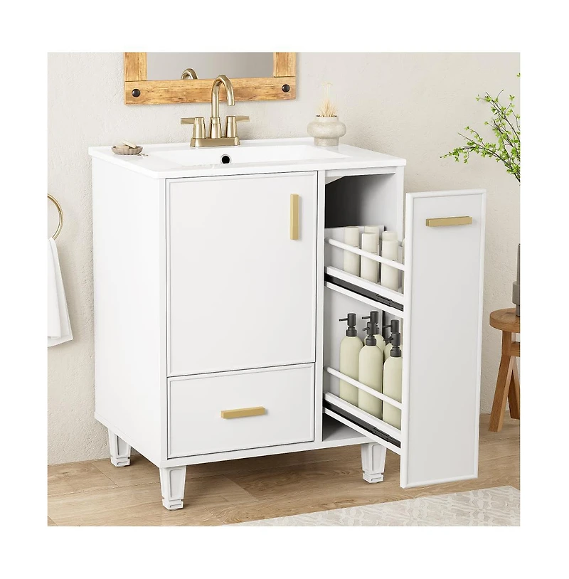 Chic Crate-24" Modern Bathroom Vanity Sink & Deep Drawer | 2-Tier Pull-Out Basket Solid Wood Frame White