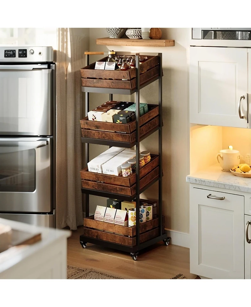 Tribesigns 4-Tier Wooden Kitchen Cart with Wheels, Mobile Fruit and Vegetable Storage, Utility Shelf
