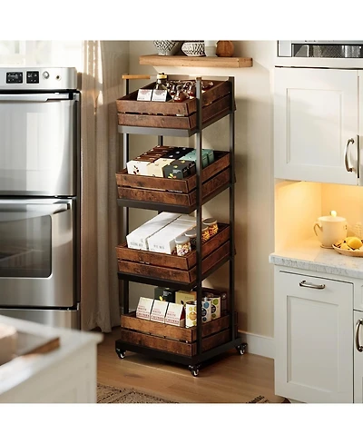 Tribesigns 4-Tier Wooden Kitchen Cart with Wheels, Mobile Fruit and Vegetable Storage, Utility Shelf