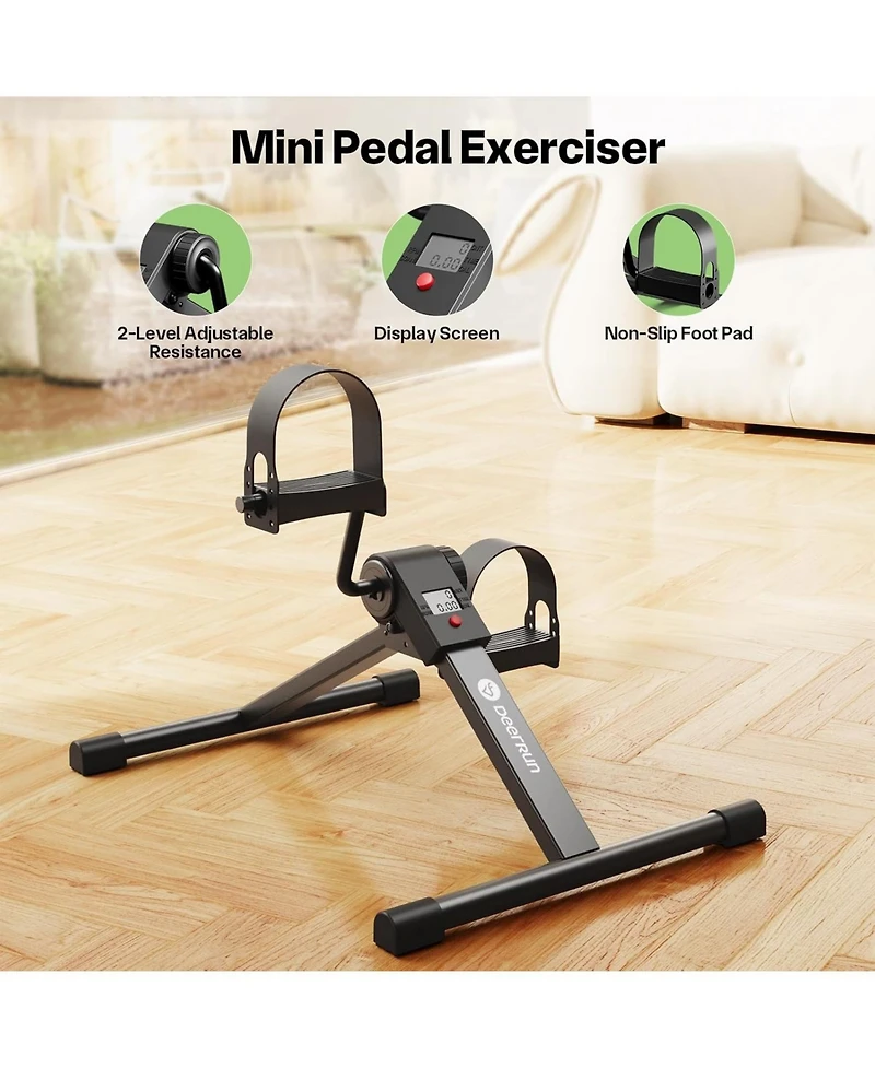 DeerRun Under Desk Bike Portable peddler with adjustable resistance for arm/leg workouts. Features an Lcd monitor, calorie tracker, and folding desig