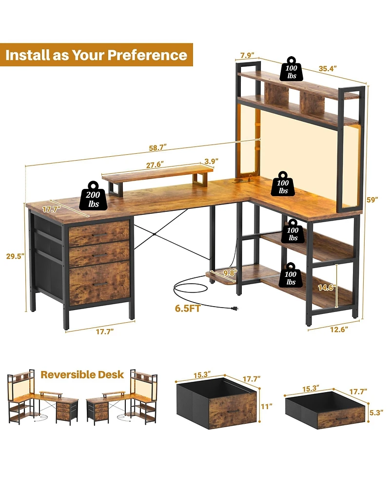 Aheaplus 59'' W L-Shaped Computer Desk with Tall Hutch,Corner