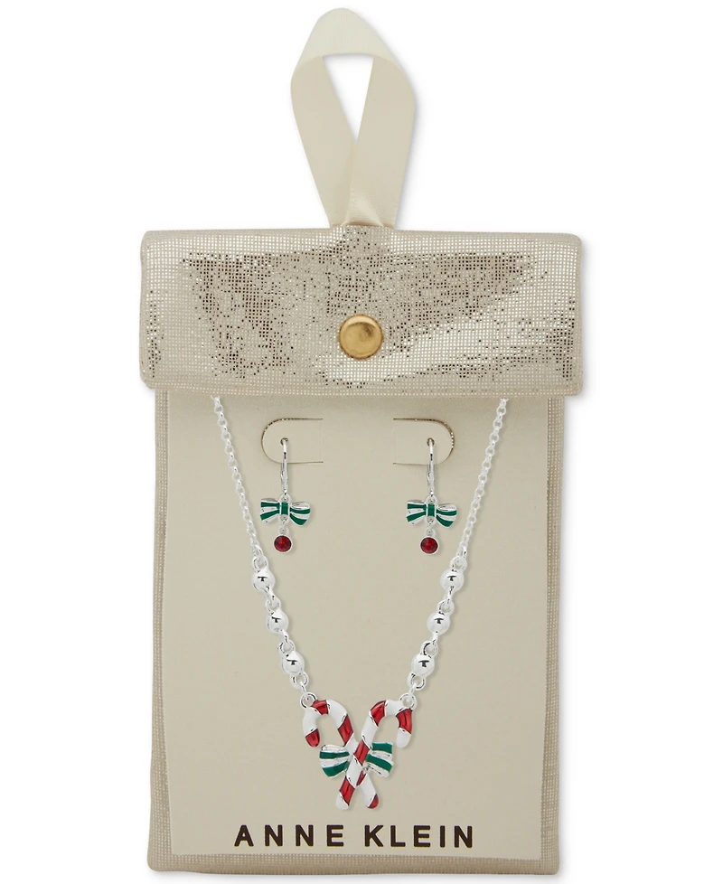 Anne Klein 2-Pc. Siam Silver Tone Candy Cane Pendant Necklace and Earrings Set