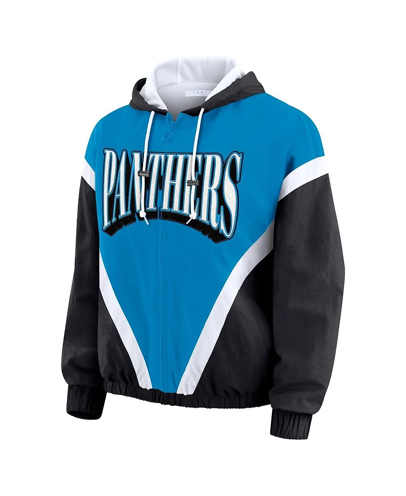 Wear by Erin Andrews Women's Blue/Black Carolina Panthers Retro Crinkle Full-Zip Hoodie Windbreaker Jacket