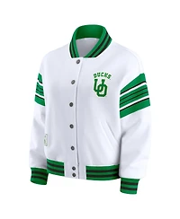 Wear by Erin Andrews Women's White/Green Oregon Ducks Satin Stitch Full-Snap Fleece Sweatshirt Jacket