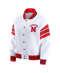 Wear by Erin Andrews Women's White/Scarlet Nebraska Huskers Satin Stitch Full-Snap Fleece Sweatshirt Jacket