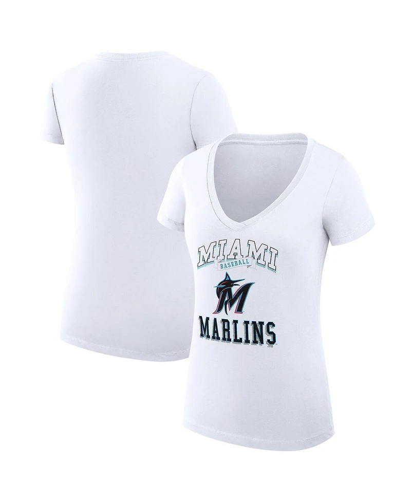 G-iii 4Her by Carl Banks Women's White Miami Marlins Super-Slim Fit Lightweight Team Logo Graphic V-Neck T-Shirt