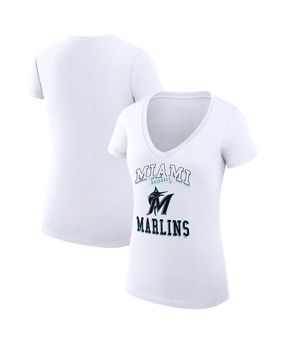 G-iii 4Her by Carl Banks Women's White Miami Marlins Super-Slim Fit Lightweight Team Logo Graphic V-Neck T-Shirt