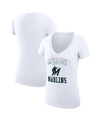 G-iii 4Her by Carl Banks Women's White Miami Marlins Super-Slim Fit Lightweight Team Logo Graphic V-Neck T-Shirt