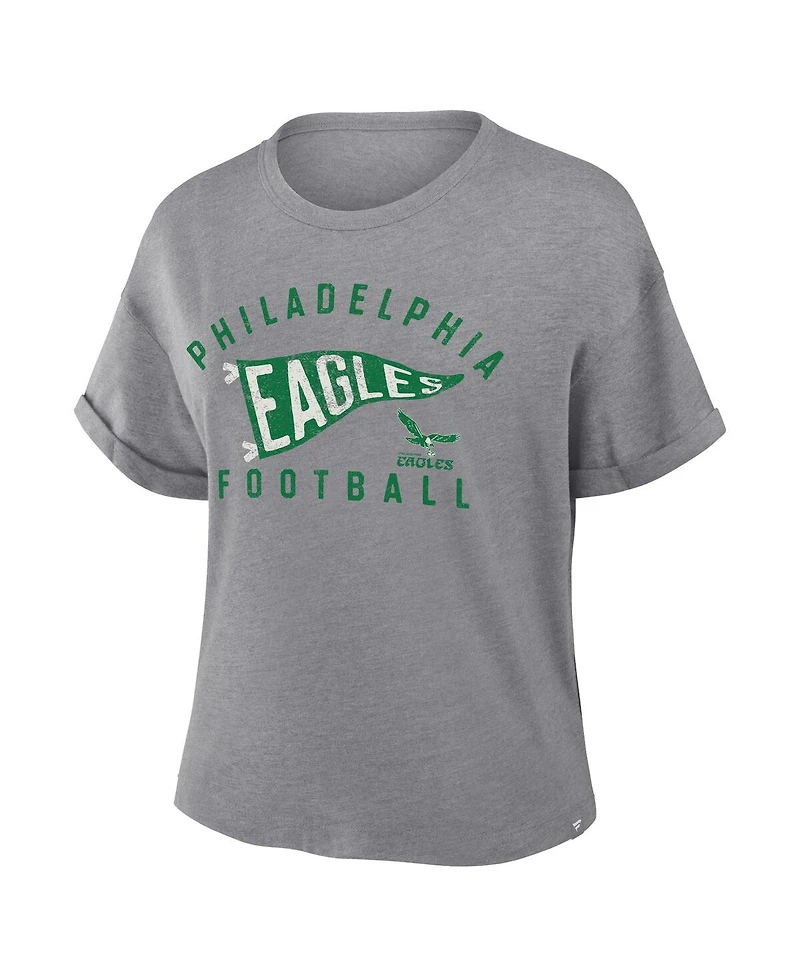 Fanatics Women's Heather Gray Philadelphia Eagles Pennant Wave Tribute Tri-Blend Boxy T-Shirt