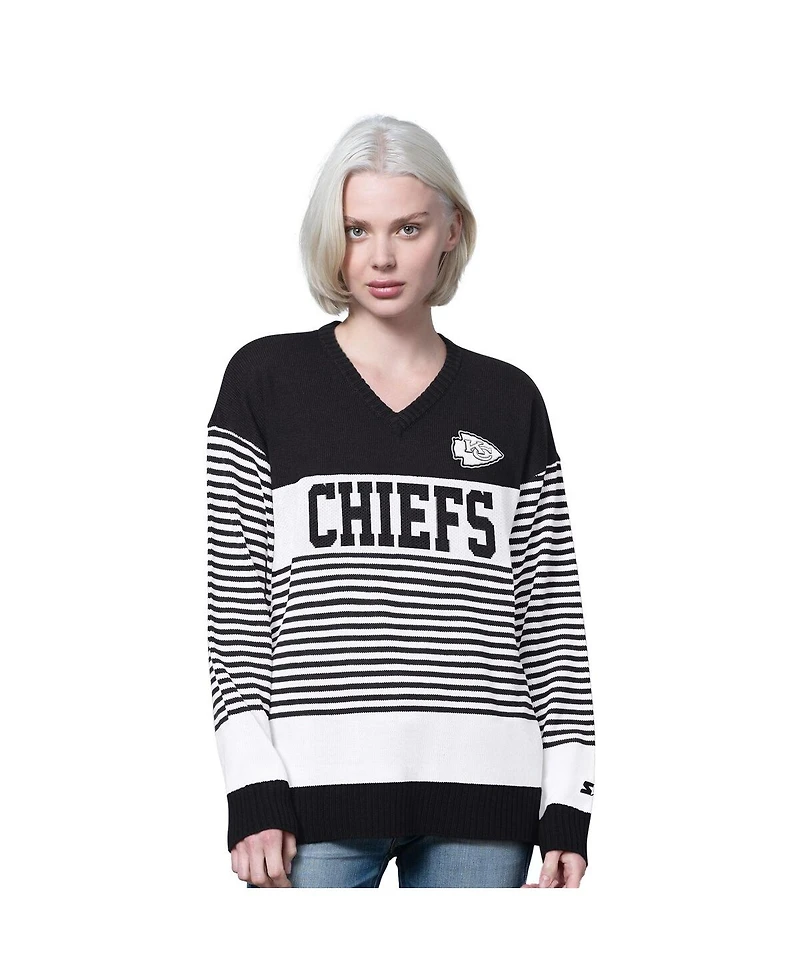 Starter Women's Black Kansas City Chiefs No Huddle Striped V-Neck Sweater