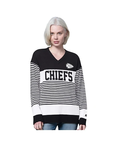 Starter Women's Black Kansas City Chiefs No Huddle Striped V-Neck Sweater