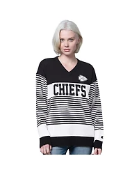 Starter Women's Black Kansas City Chiefs No Huddle Striped V-Neck Sweater
