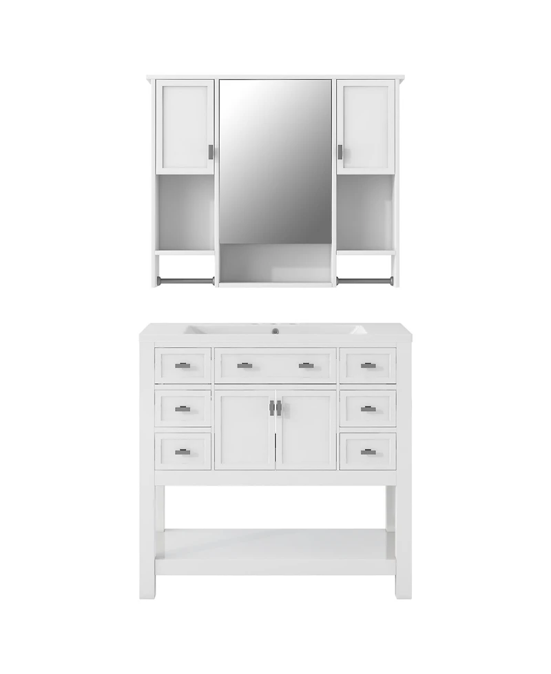 Casainc 36'' Bathroom Vanity with Top Sink, Mirror Cabinet with Towel Bar, 2 Doors & 6 Drawers