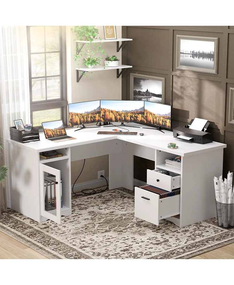L Shaped Desk with Charging Station, Computer Workstation File Cabinet and Drawers for Office