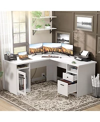 L Shaped Desk with Charging Station, Computer Workstation File Cabinet and Drawers for Office