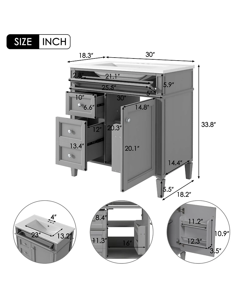Casainc 30'' Bathroom Vanity with Top Sink, Mirror Cabinet