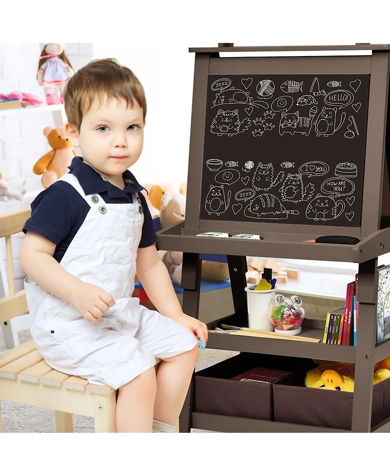Kids Art Easel Double Sided Chalkboard Magnetic Whiteboard with Storage Tray