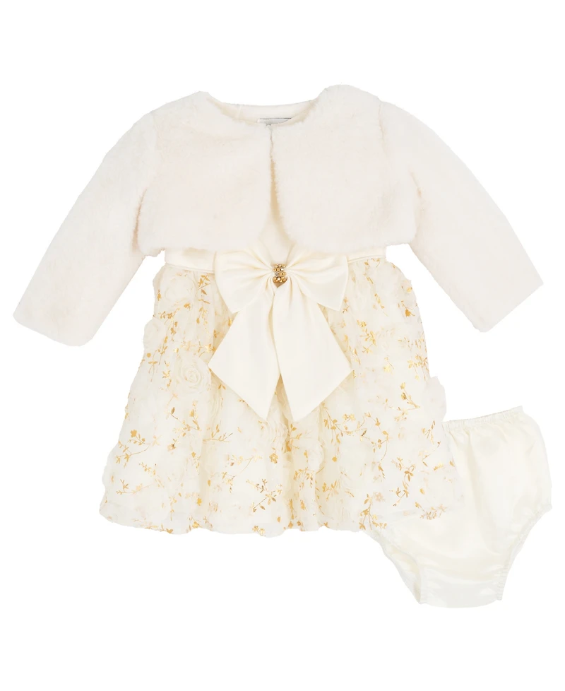 Rare Editions Baby Girls 2-Piece Satin Bodice 3D Flower Jacket Dress and Diaper Cover Set