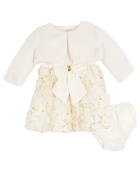 Rare Editions Baby Girls 2-Piece Satin Bodice 3D Flower Jacket Dress and Diaper Cover Set