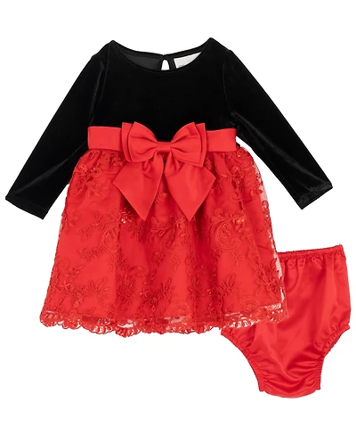 Rare Editions Baby Girls 2-Piece Long Sleeves Velvet Bodice Dress and Diaper Cover Set