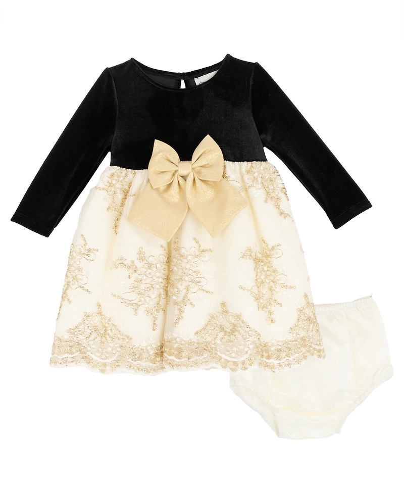 Rare Editions Baby Girls 2-Piece Velvet Long Sleeves Bodice Dress and Diaper Cover Set