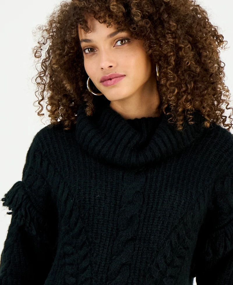 I.n.c. International Concepts Petite Fringe-Trim Cable Knit Turtleneck Sweater, Macy's Exclusive
