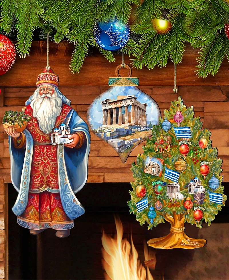 Designocracy Greece Inspired Santa Ornaments, Set of 3