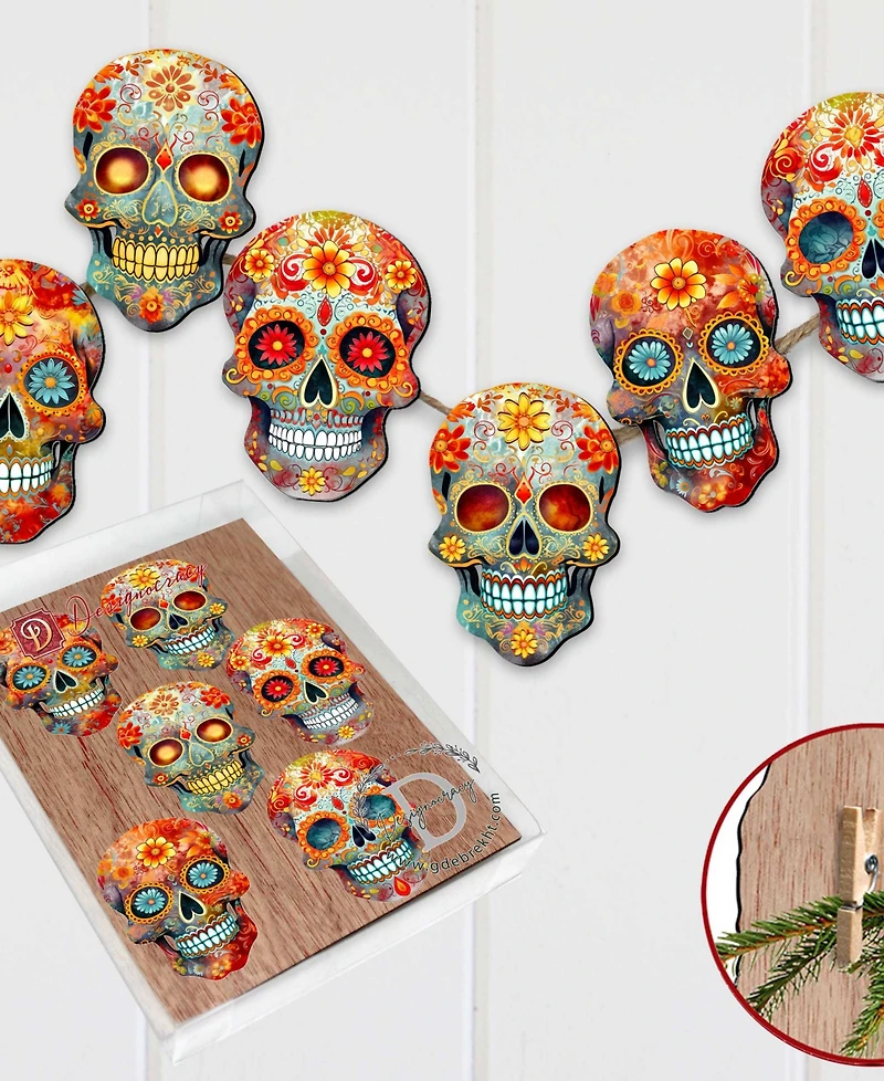 Designocracy Sugar Skulls Wood Clip-on Ornaments, Set of 6