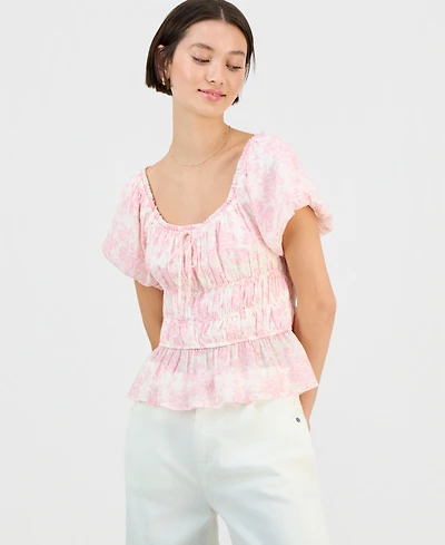 Sincerely Jules Juniors' Floral Print Short Sleeve Woven Top