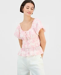 Sincerely Jules Juniors' Floral Print Short Sleeve Woven Top