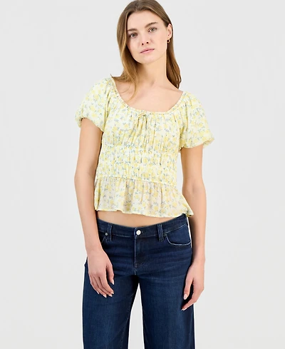 Sincerely Jules Juniors' Floral Print Short Sleeve Woven Top
