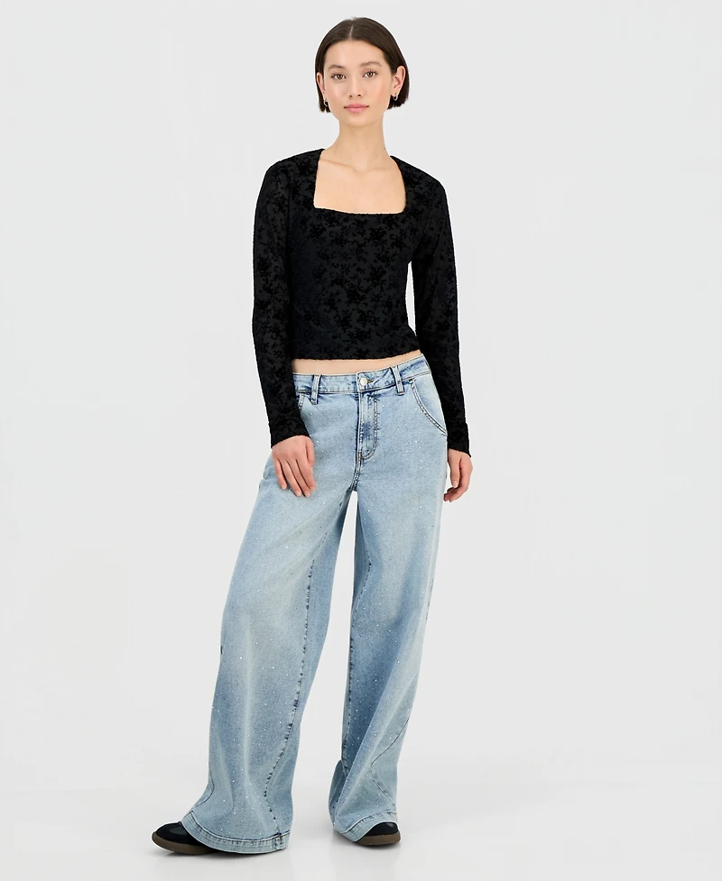 Sincerely Jules Juniors' Flocked Long-Sleeve Square-Neck Top