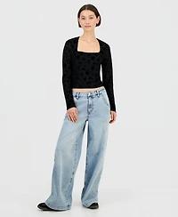 Sincerely Jules Juniors' Flocked Long-Sleeve Square-Neck Top