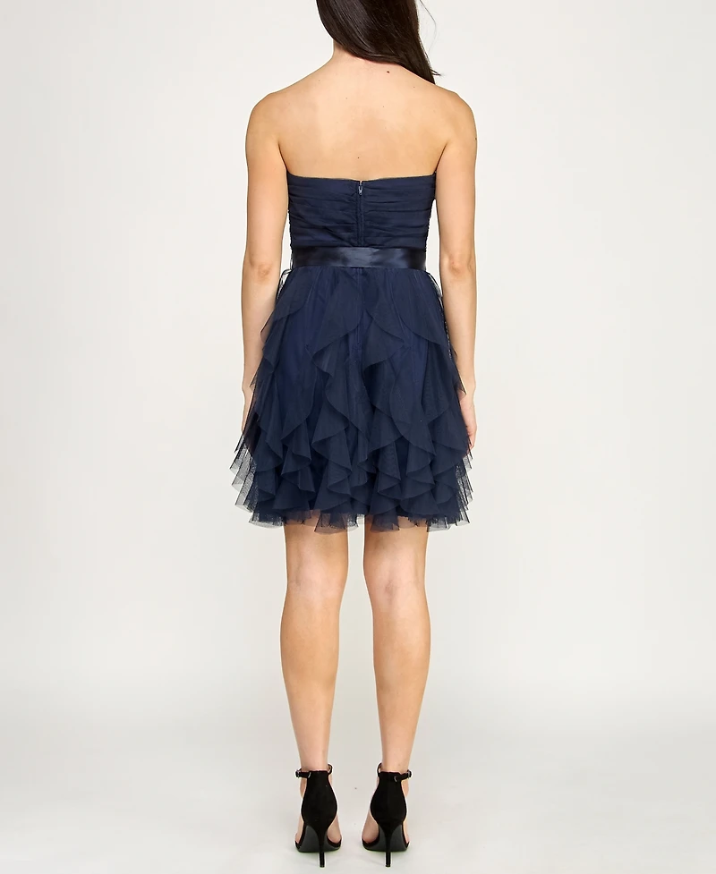 pear culture Women's Strappy Solid Mesh Petal Dress
