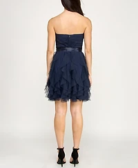 pear culture Women's Strappy Solid Mesh Petal Dress