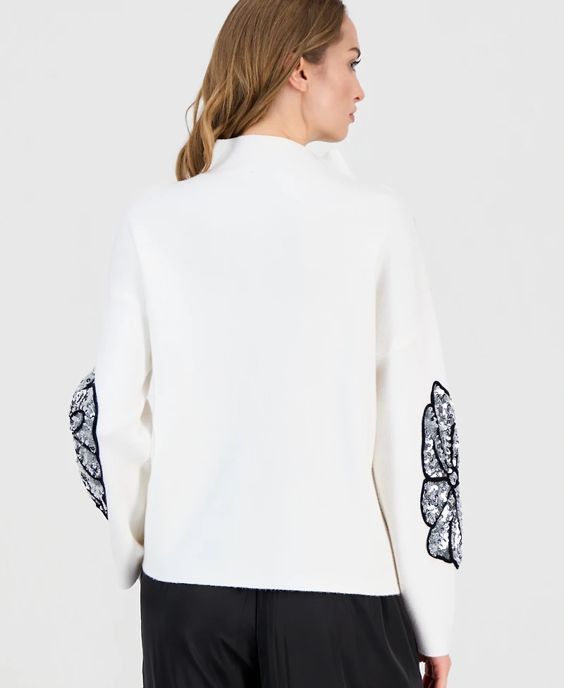 T Tahari Women's Sequin Soutache Funnel-Neck Sweater