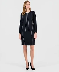 Kasper Womens Contrast Piping Open Front Jacket Stretch Crepe Contrast Piping Sheath Dress