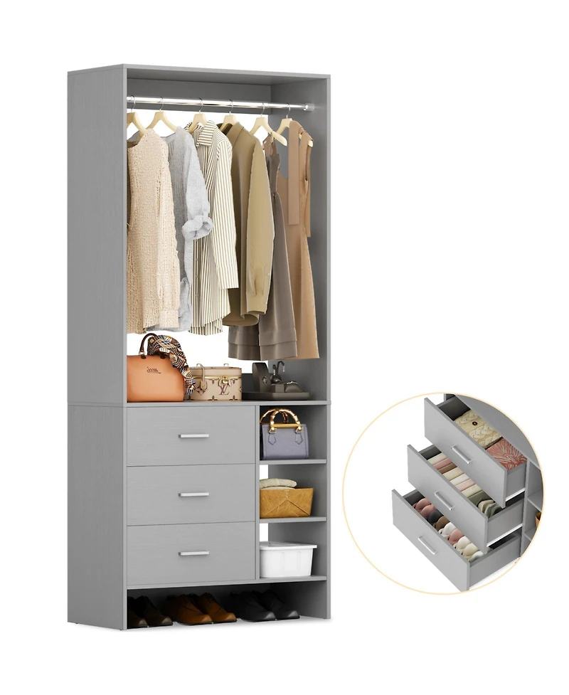 30" Freestanding Closet Organizer with Hanging Rods and Drawers, System Storage Shelves
